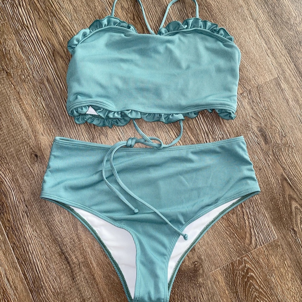 teal lettuce trim bikini